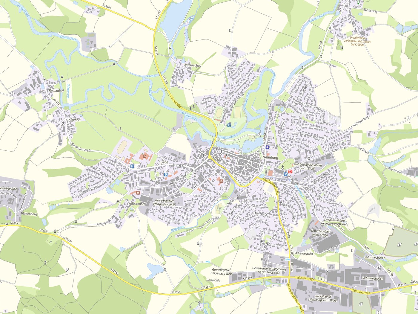 Kartenausschnitt Neunburg vorm Wald mit Gewässern