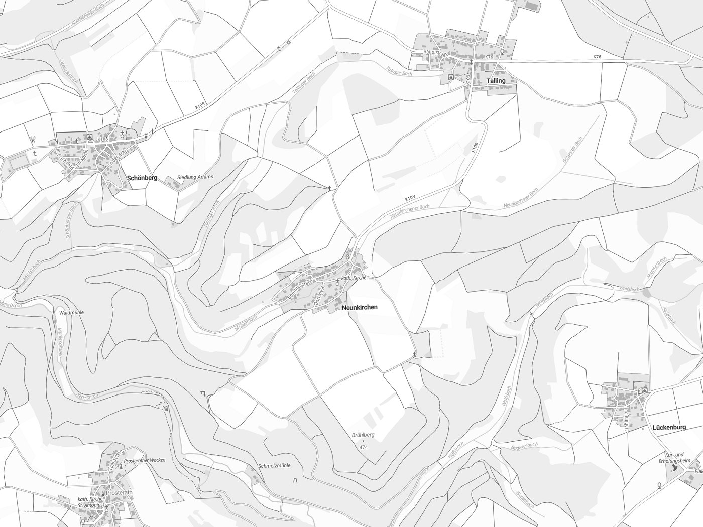 Kartenausschnitt Neunkirchen mit Gewässern