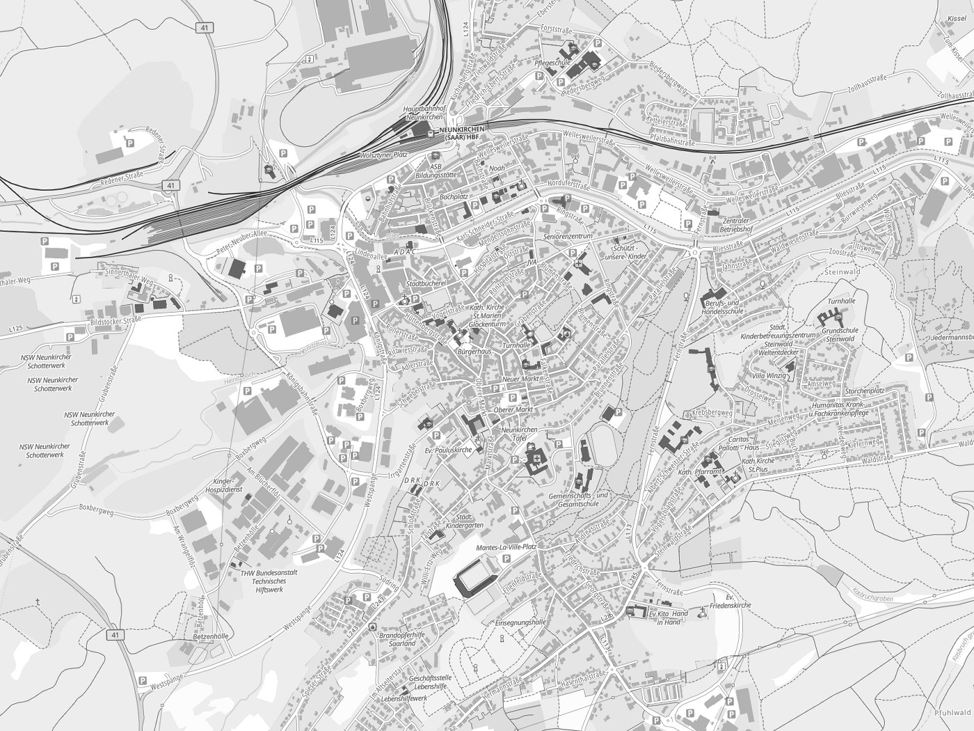 Kartenausschnitt Neunkirchen mit Gewässern