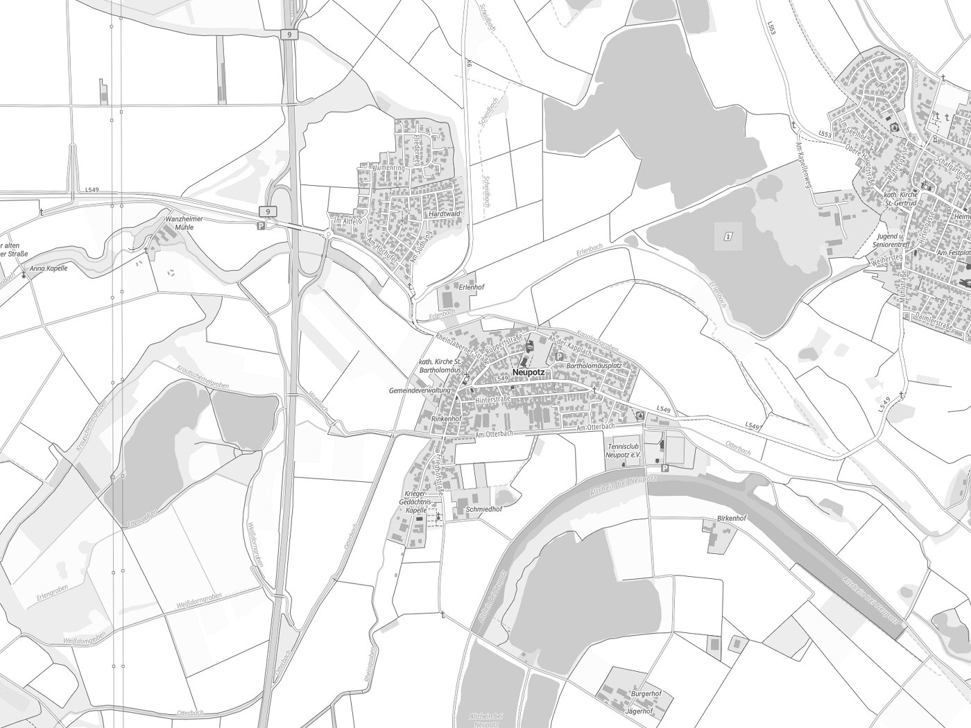Kartenausschnitt Neupotz mit Gewässern