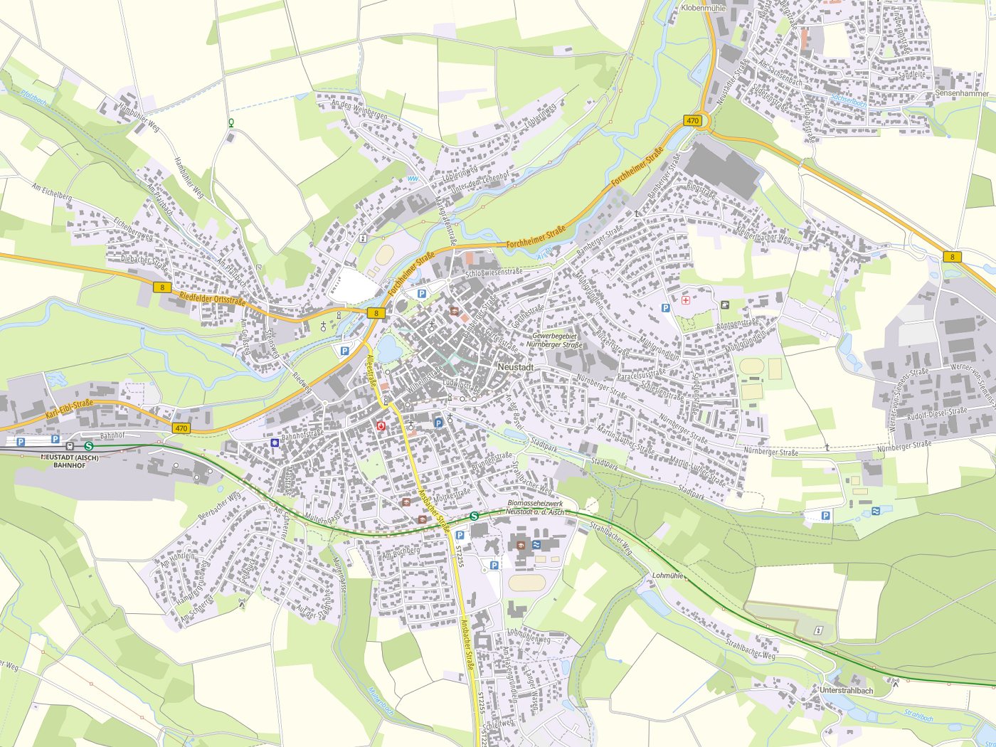 Kartenausschnitt Neustadt an der Aisch mit Gewässern