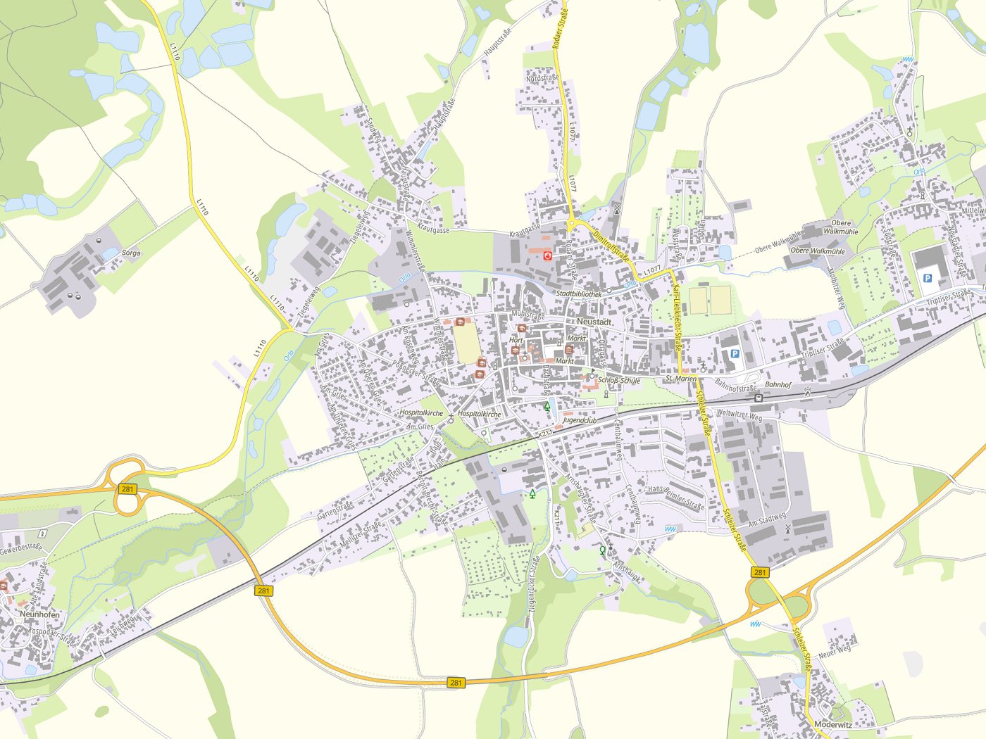 Kartenausschnitt Neustadt an der Orla mit Gewässern