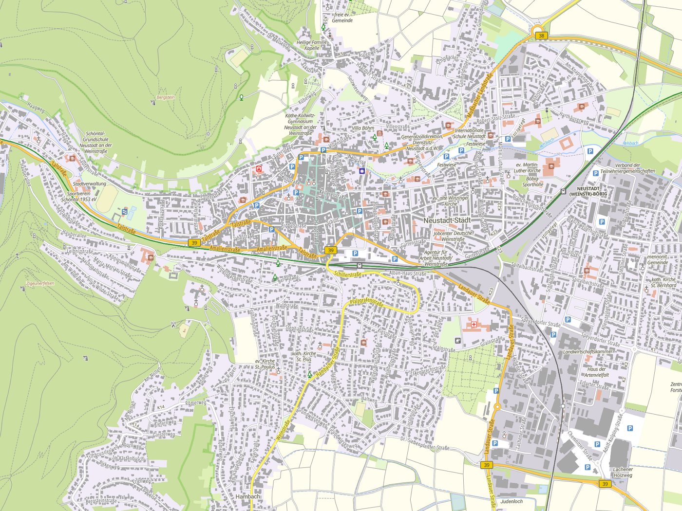 Kartenausschnitt Neustadt an der Weinstraße mit Gewässern