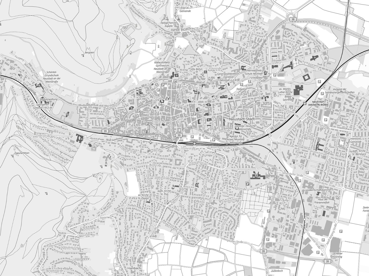 Kartenausschnitt Neustadt an der Weinstraße mit Gewässern