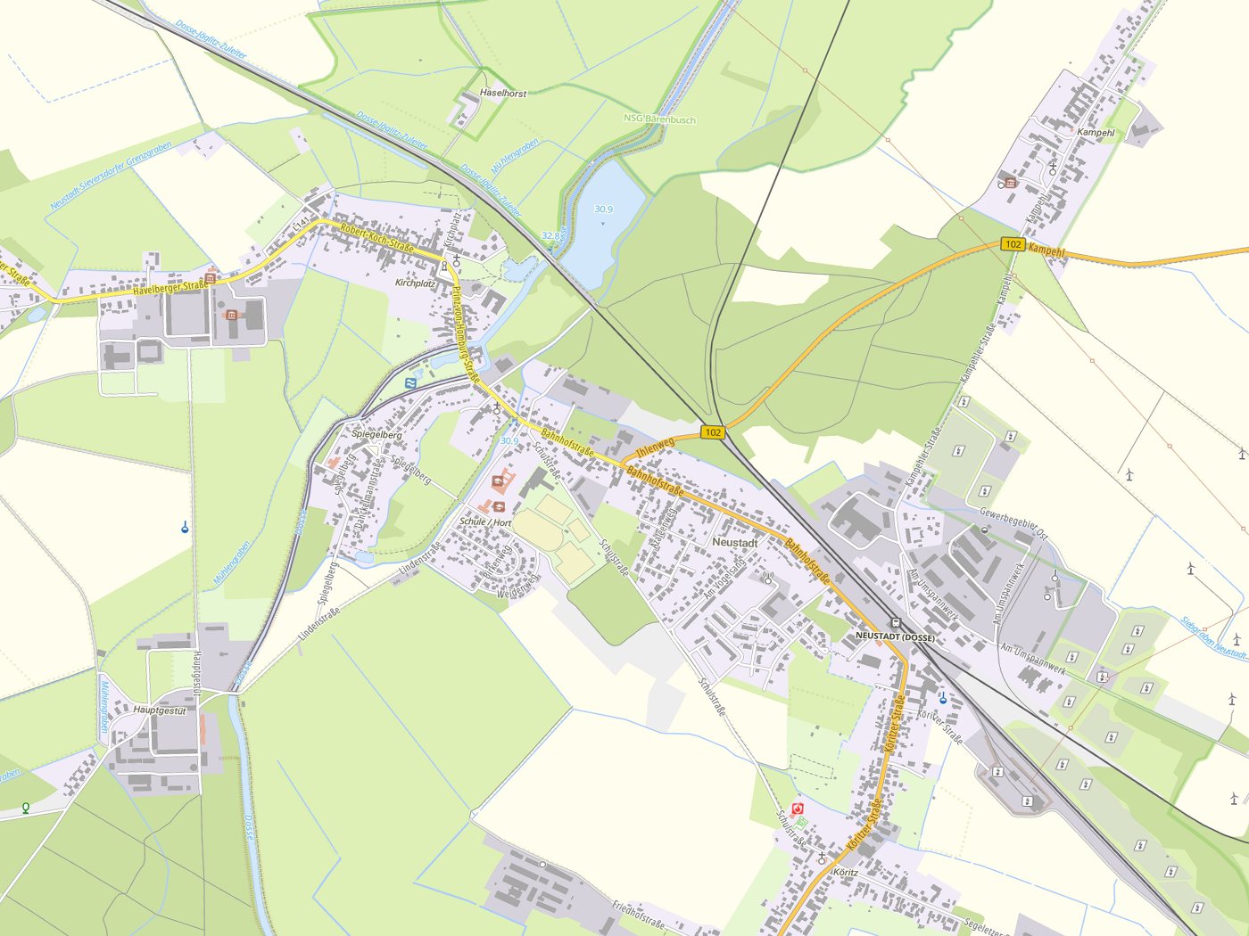 Kartenausschnitt Neustadt (Dosse) mit Gewässern