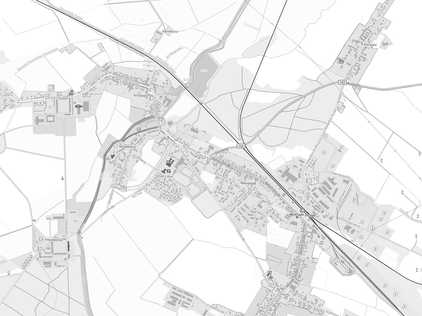 Kartenausschnitt Neustadt (Dosse) mit Gewässern