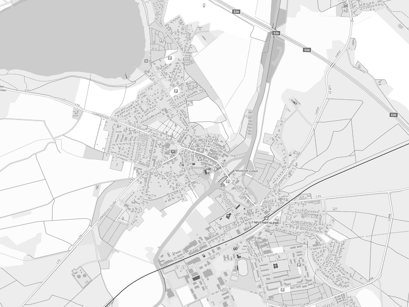 Kartenausschnitt Neustadt-Glewe mit Gewässern