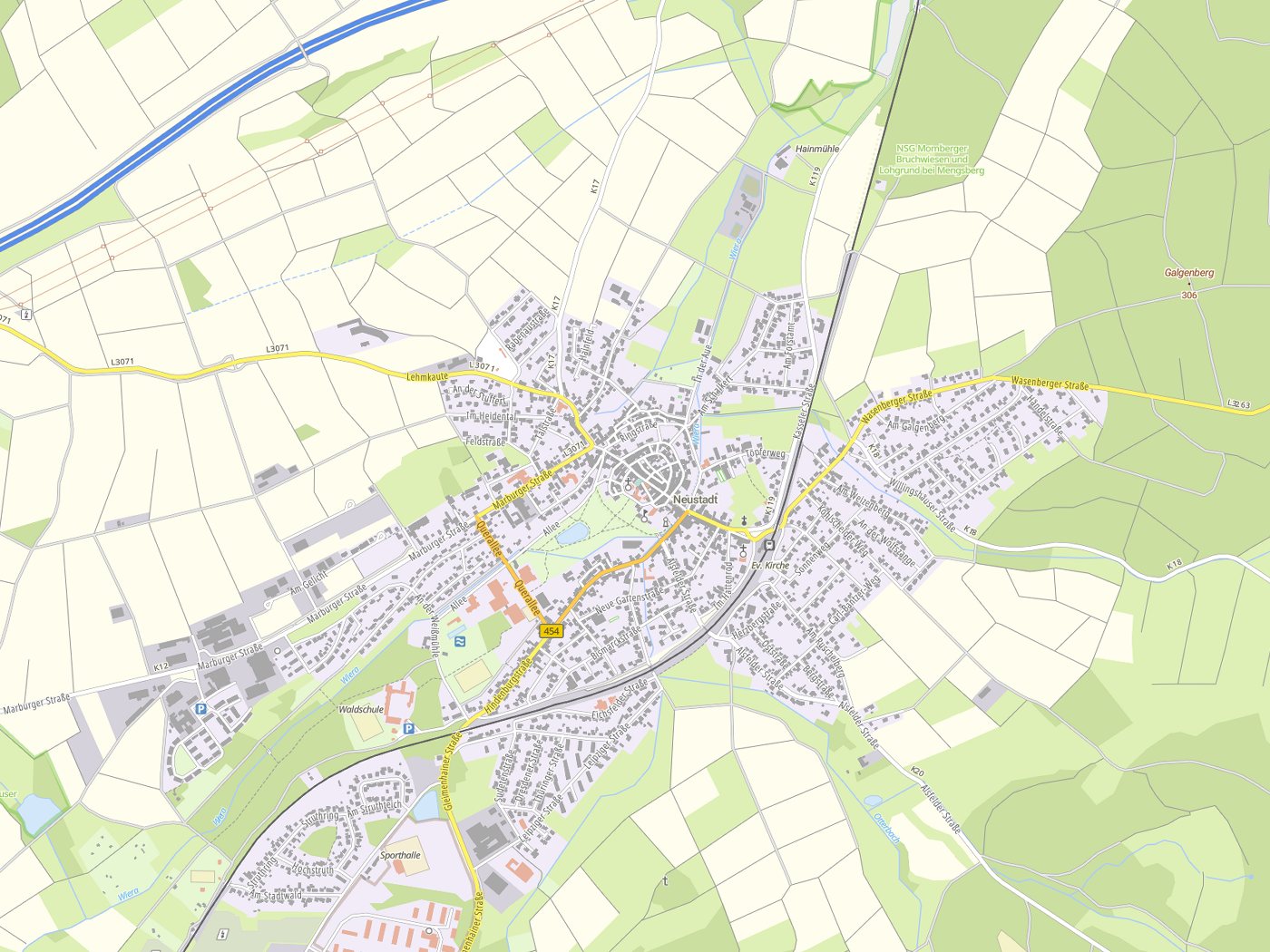 Kartenausschnitt Neustadt (Hessen) mit Gewässern