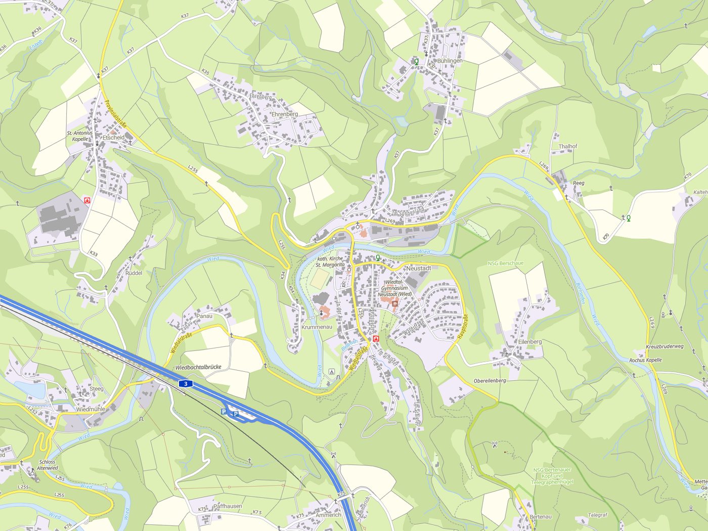 Kartenausschnitt Neustadt (Wied) mit Gewässern