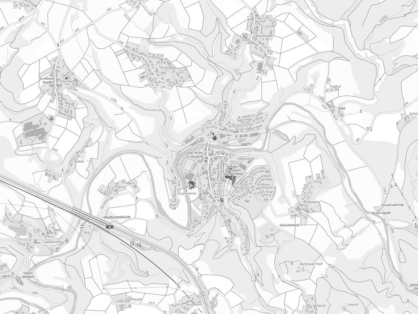 Kartenausschnitt Neustadt (Wied) mit Gewässern