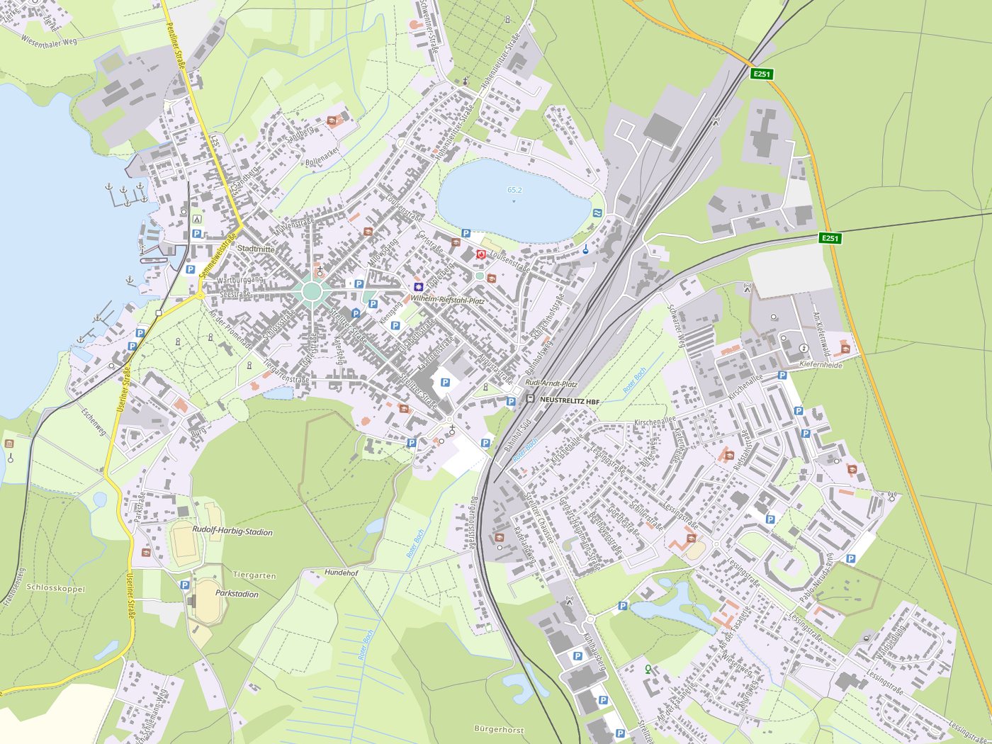 Kartenausschnitt Neustrelitz mit Gewässern