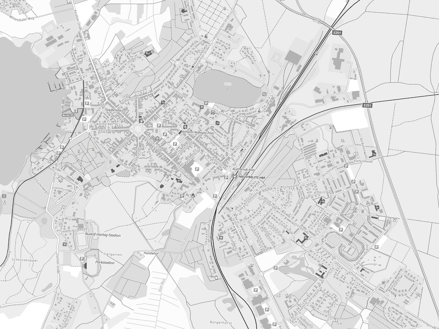 Kartenausschnitt Neustrelitz mit Gewässern