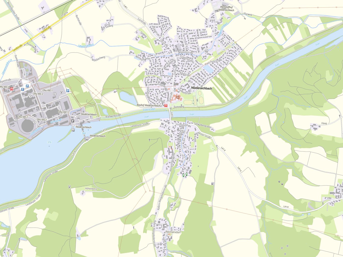 Kartenausschnitt Niederaichbach mit Gewässern