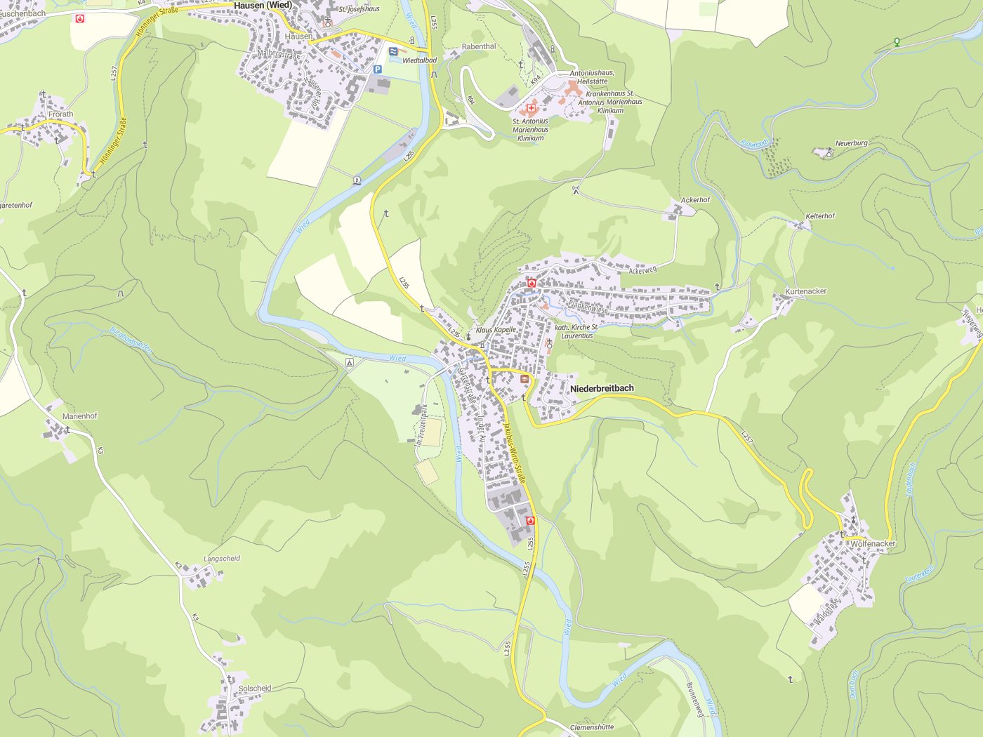 Kartenausschnitt Niederbreitbach mit Gewässern