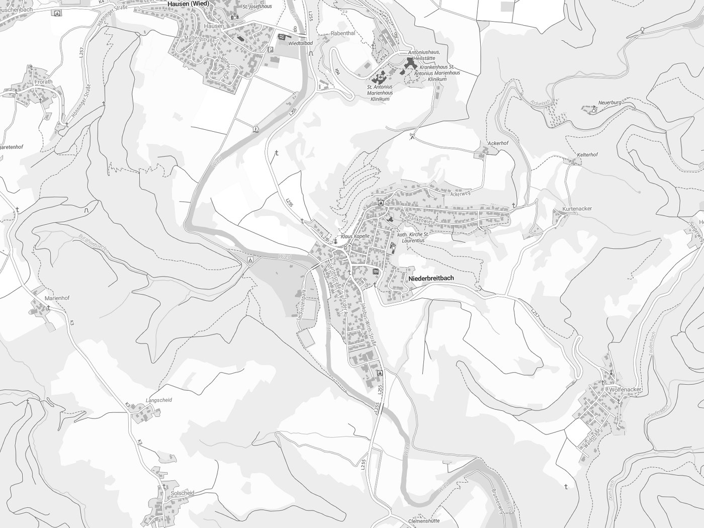 Kartenausschnitt Niederbreitbach mit Gewässern