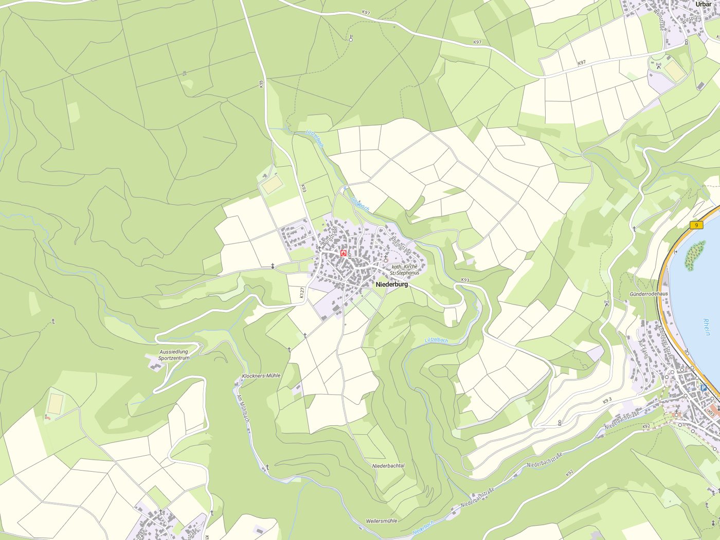 Kartenausschnitt Niederburg mit Gewässern