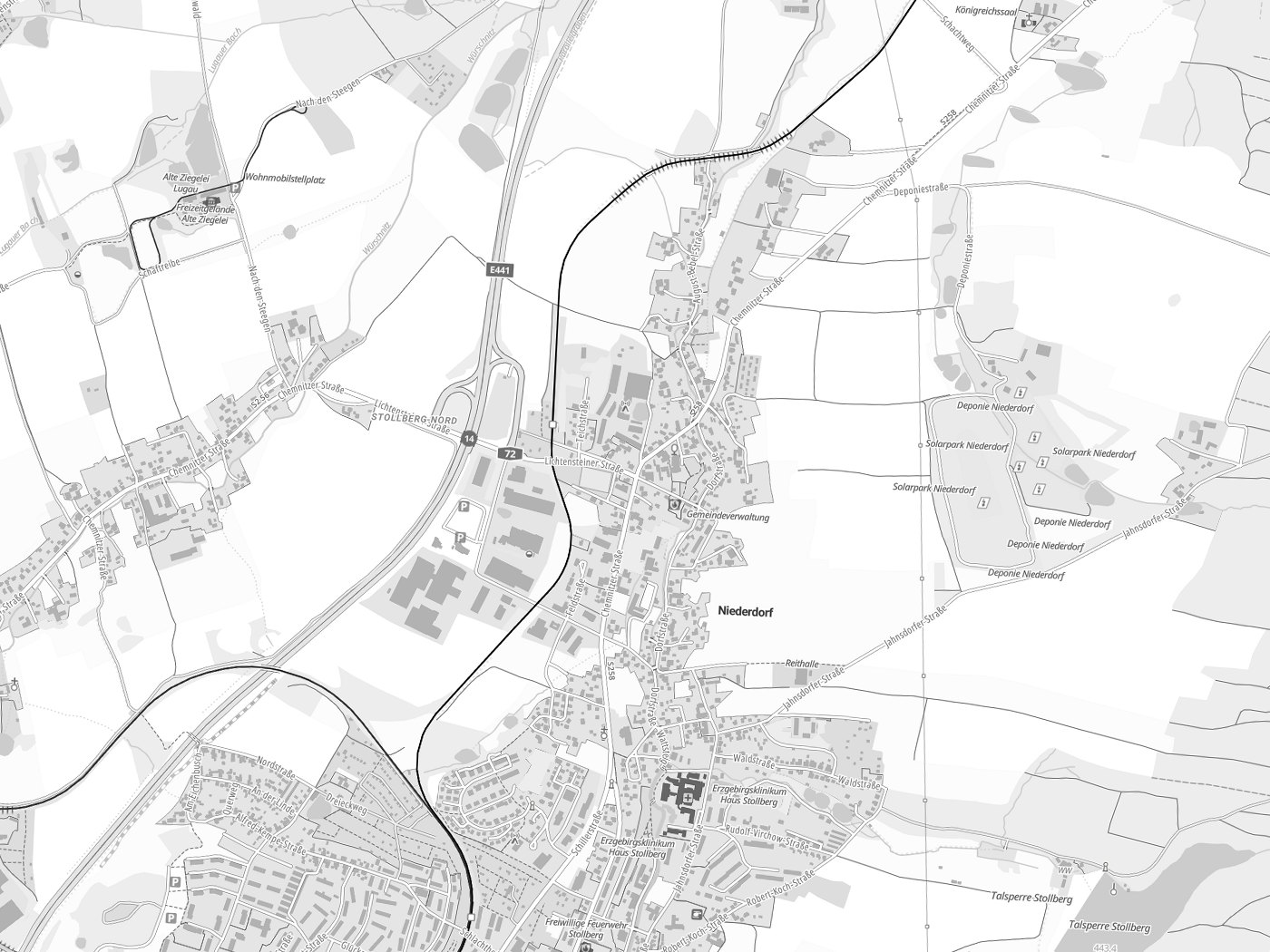 Kartenausschnitt Niederdorf mit Gewässern