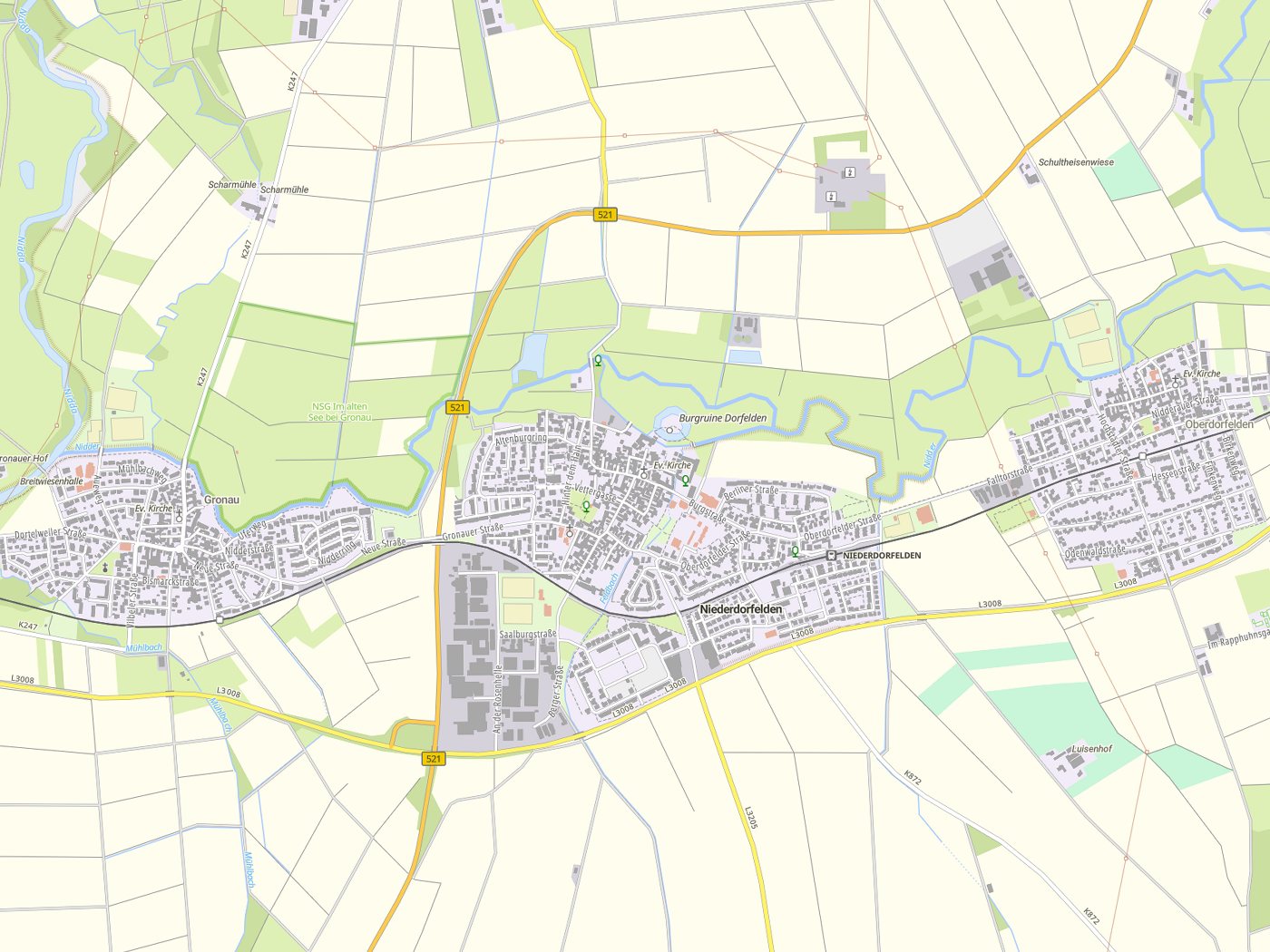 Kartenausschnitt Niederdorfelden mit Gewässern