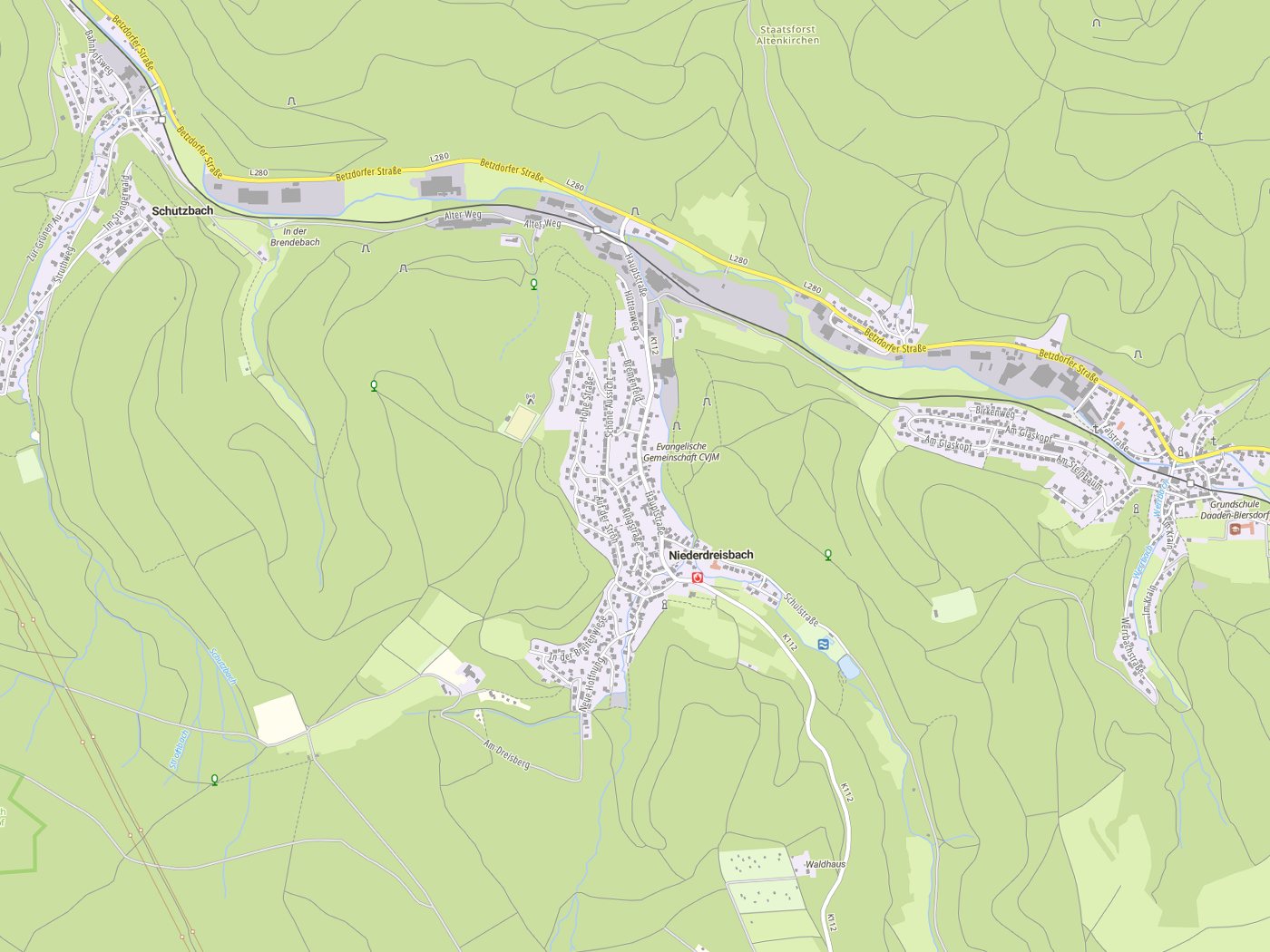 Kartenausschnitt Niederdreisbach mit Gewässern