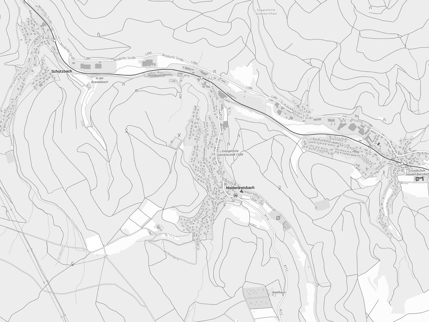 Kartenausschnitt Niederdreisbach mit Gewässern
