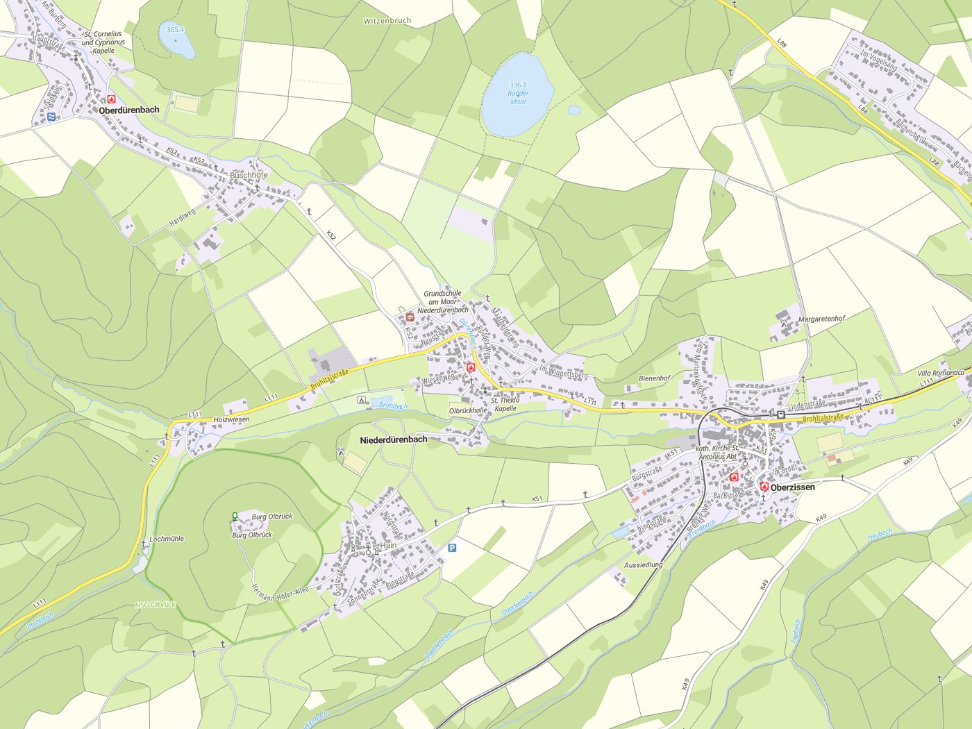 Kartenausschnitt Niederdürenbach mit Gewässern