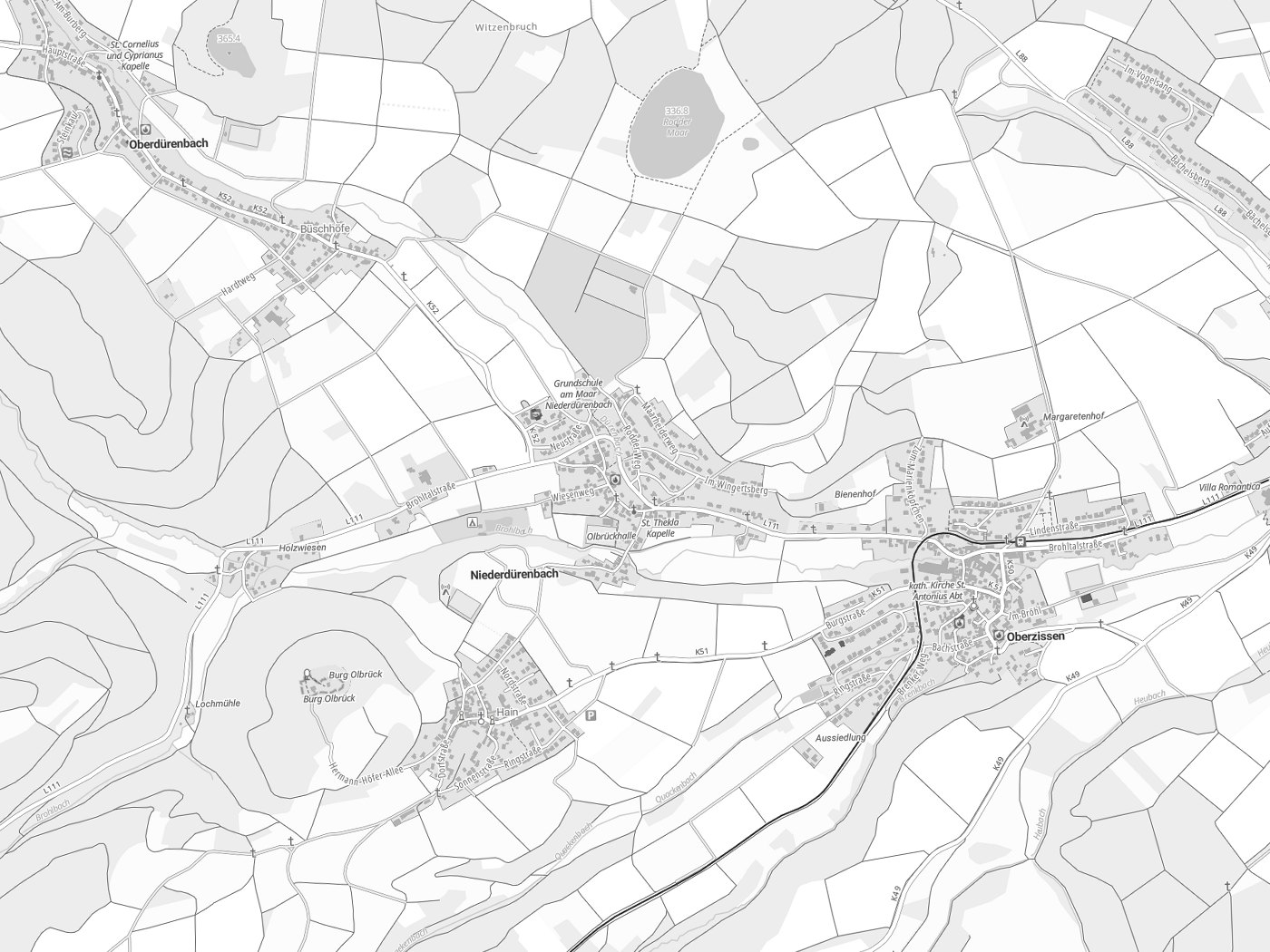 Kartenausschnitt Niederdürenbach mit Gewässern