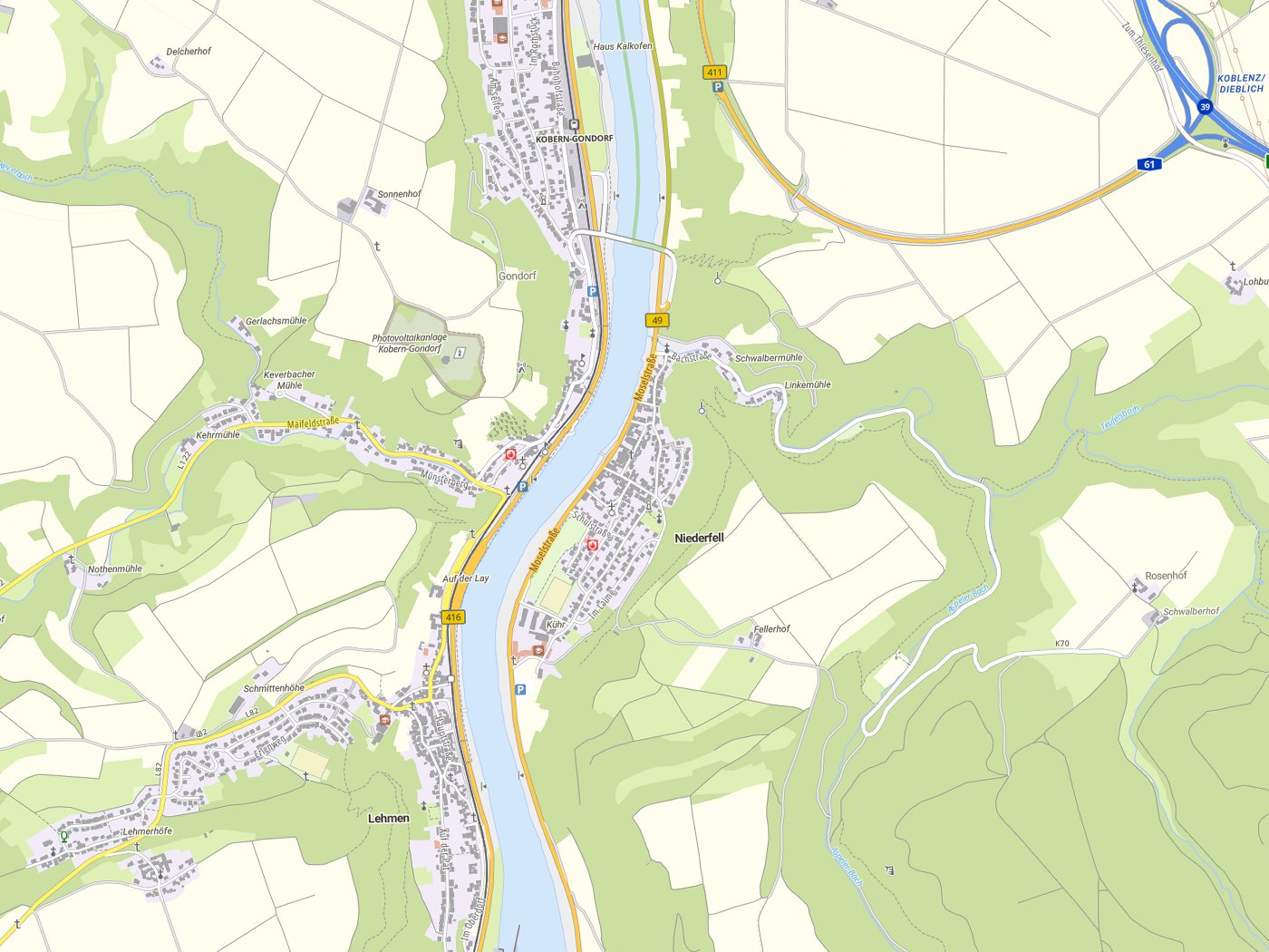 Kartenausschnitt Niederfell mit Gewässern