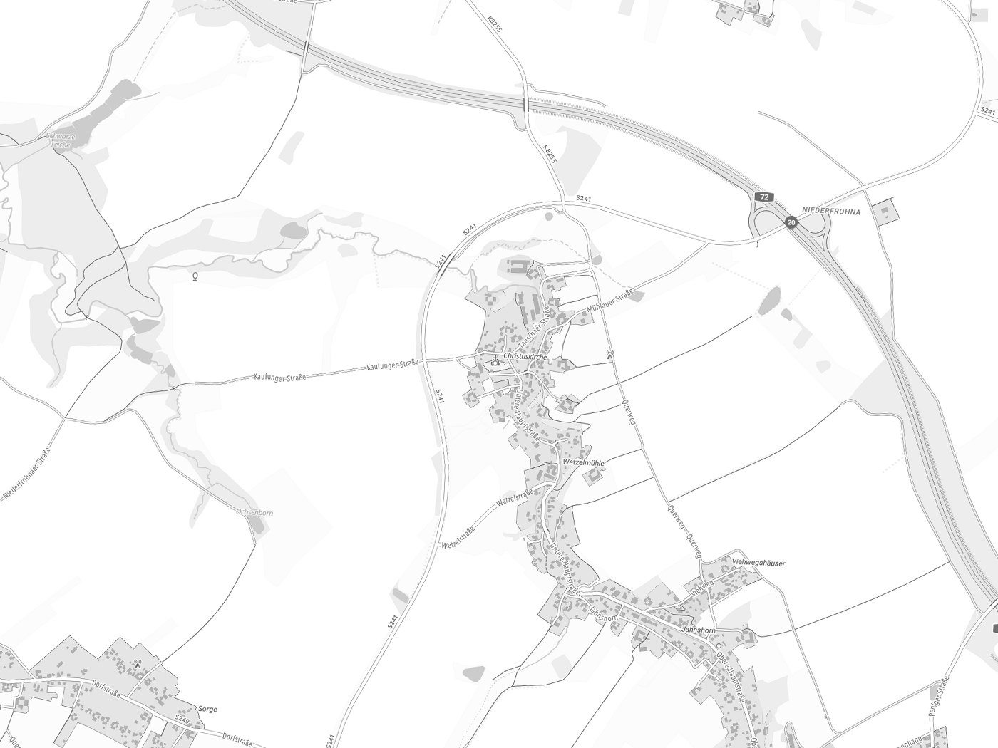 Kartenausschnitt Niederfrohna mit Gewässern