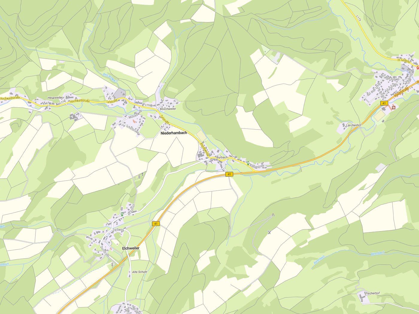 Kartenausschnitt Niederhambach mit Gewässern