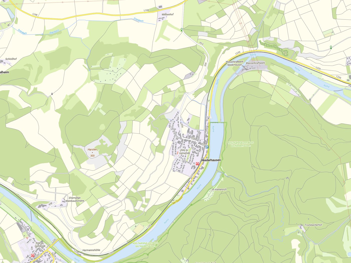 Kartenausschnitt Niederhausen mit Gewässern