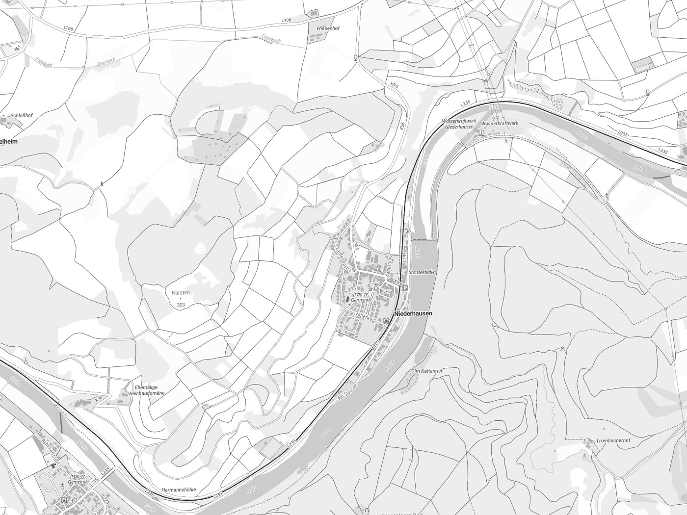 Kartenausschnitt Niederhausen mit Gewässern