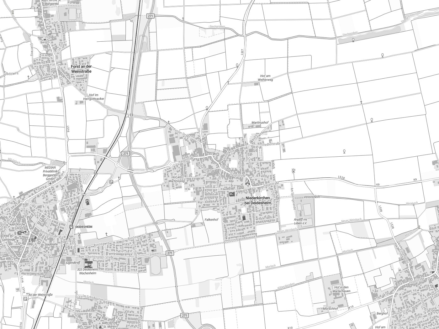 Kartenausschnitt Niederkirchen bei Deidesheim mit Gewässern