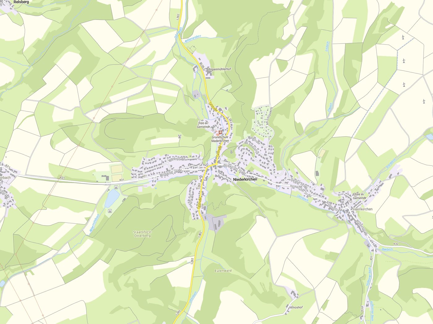 Kartenausschnitt Niederkirchen mit Gewässern