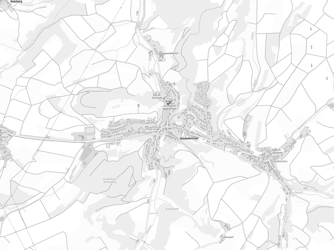 Kartenausschnitt Niederkirchen mit Gewässern