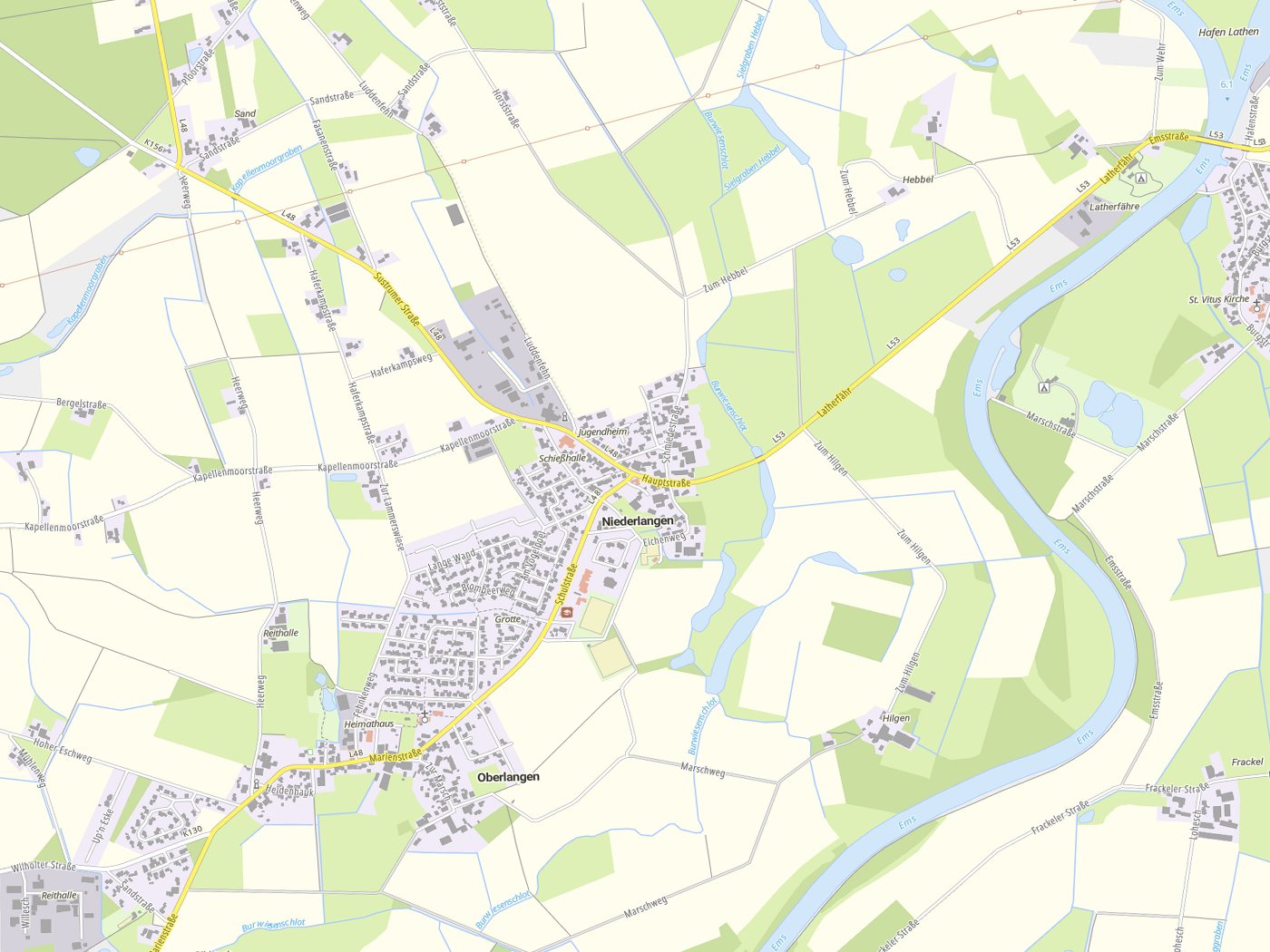 Kartenausschnitt Niederlangen mit Gewässern