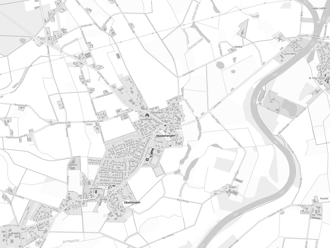 Kartenausschnitt Niederlangen mit Gewässern