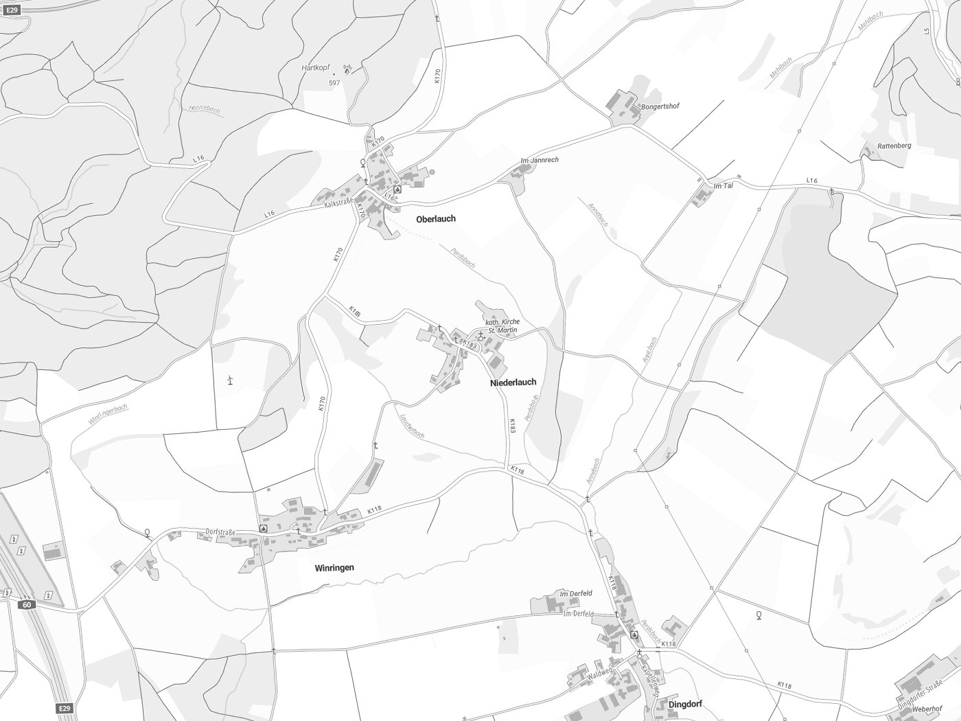 Kartenausschnitt Niederlauch mit Gewässern