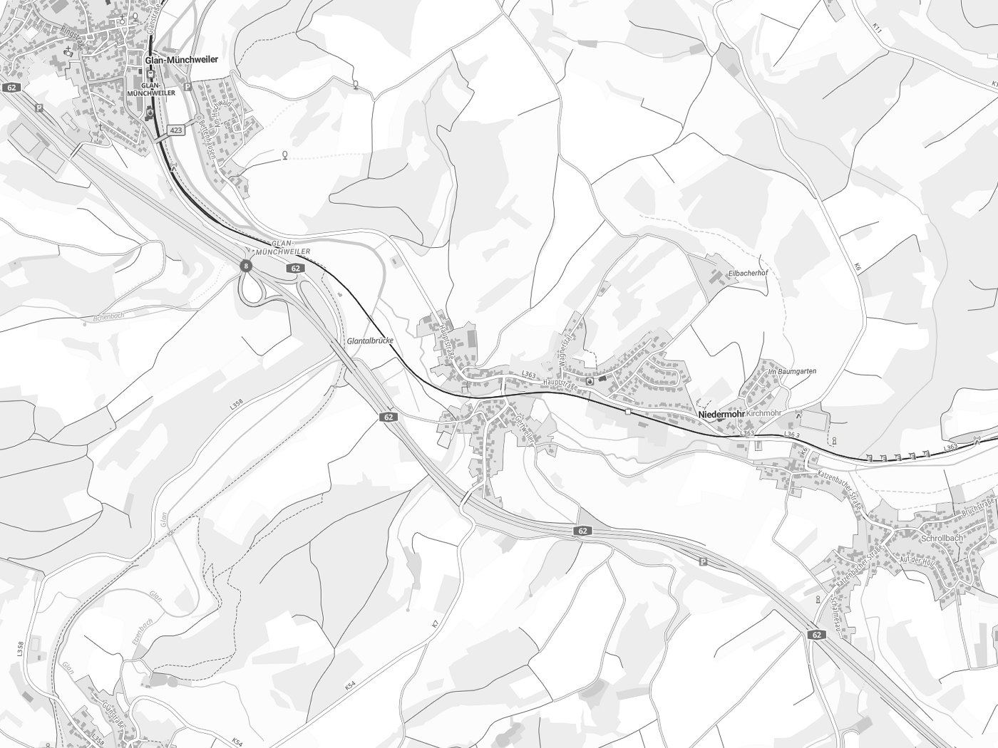 Kartenausschnitt Niedermohr mit Gewässern