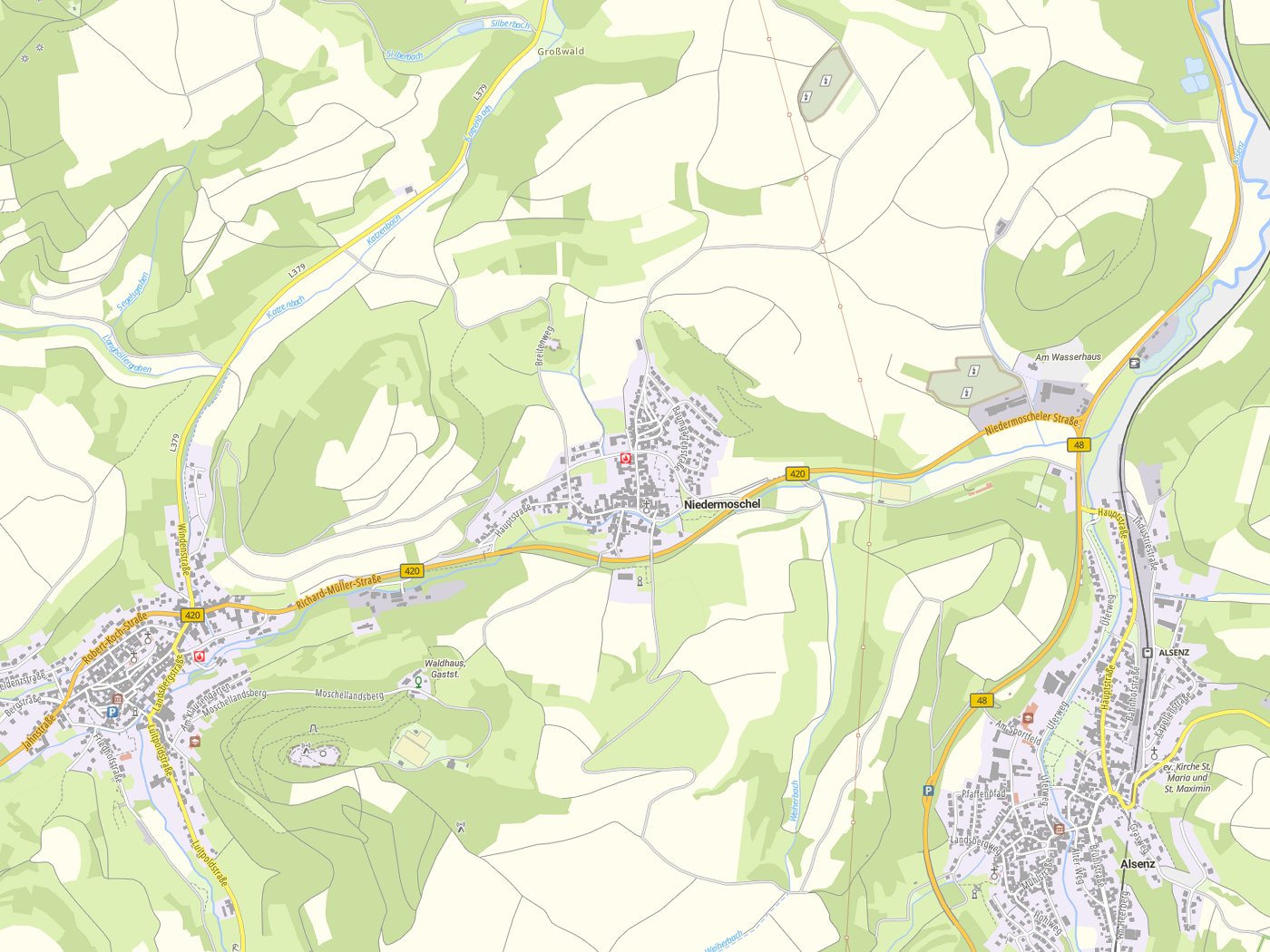 Kartenausschnitt Niedermoschel mit Gewässern