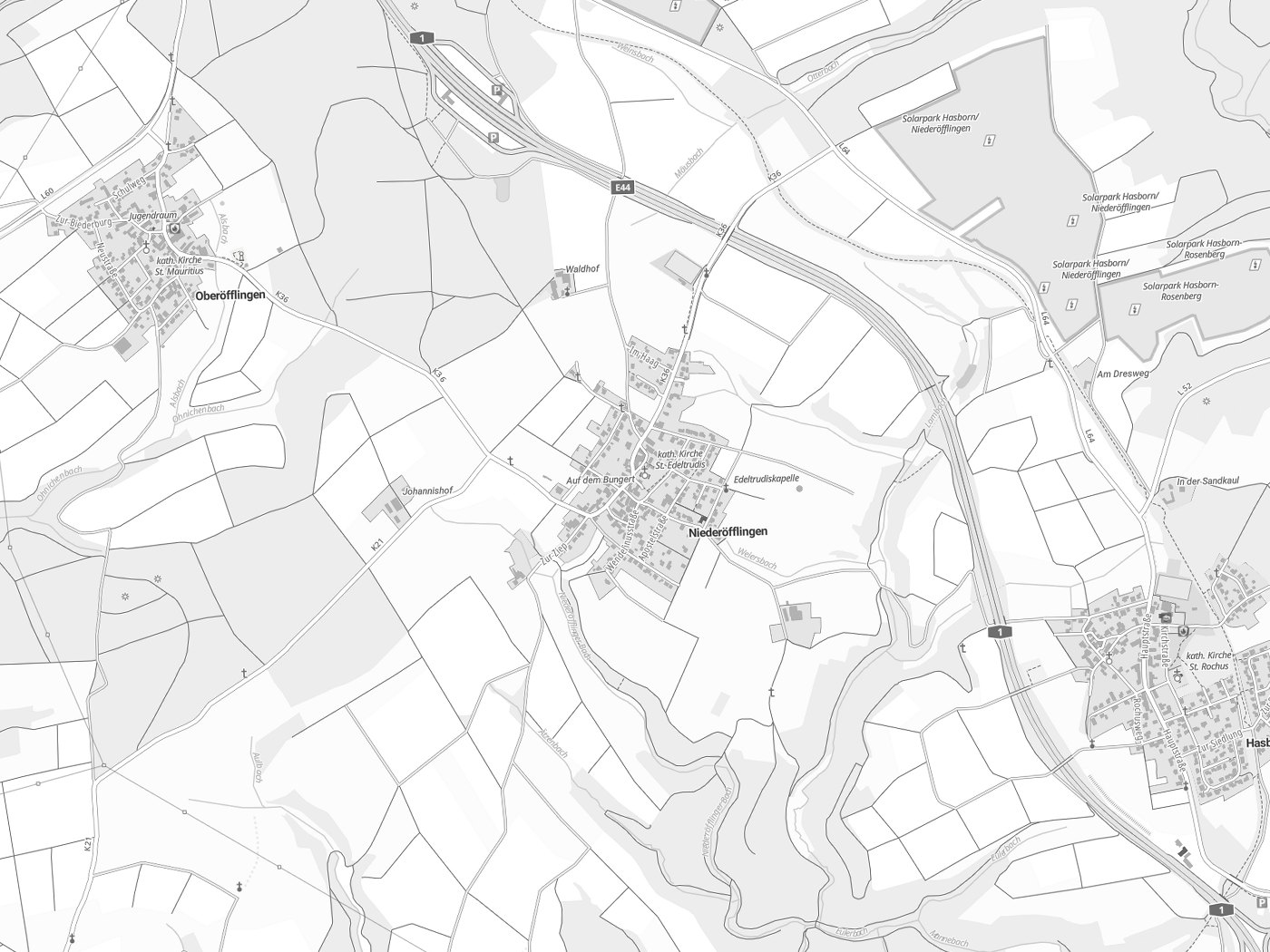 Kartenausschnitt Niederöfflingen mit Gewässern