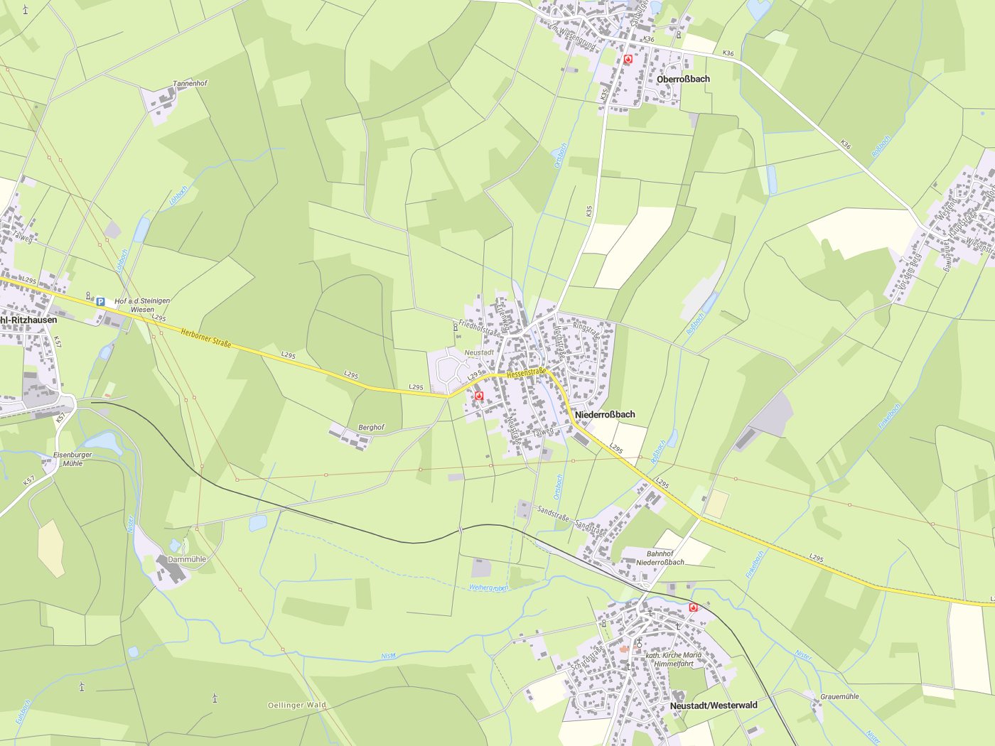 Kartenausschnitt Niederroßbach mit Gewässern