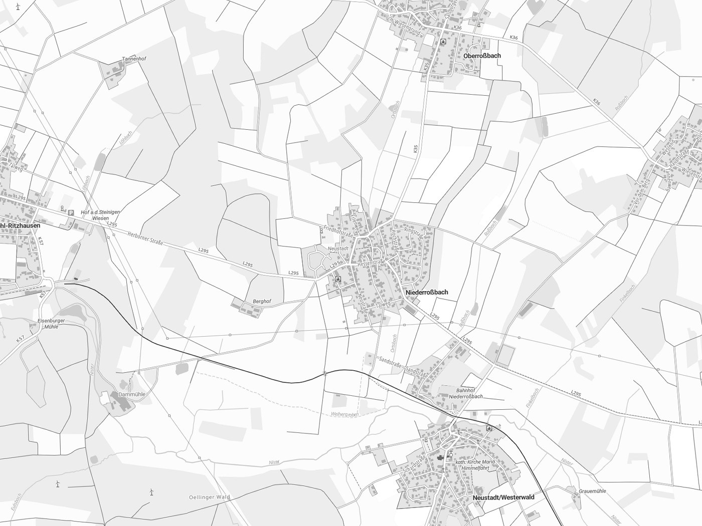 Kartenausschnitt Niederroßbach mit Gewässern