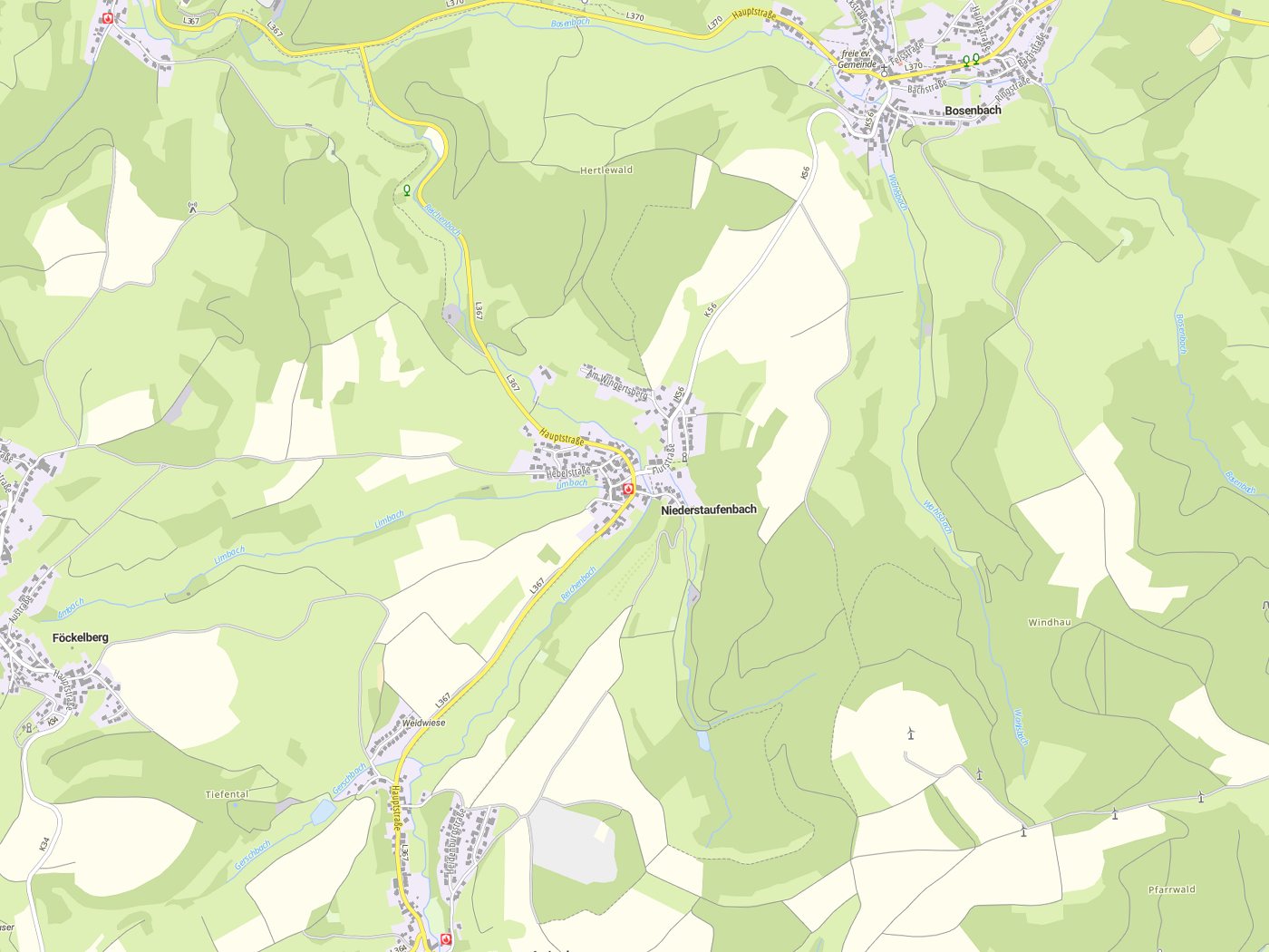 Kartenausschnitt Niederstaufenbach mit Gewässern
