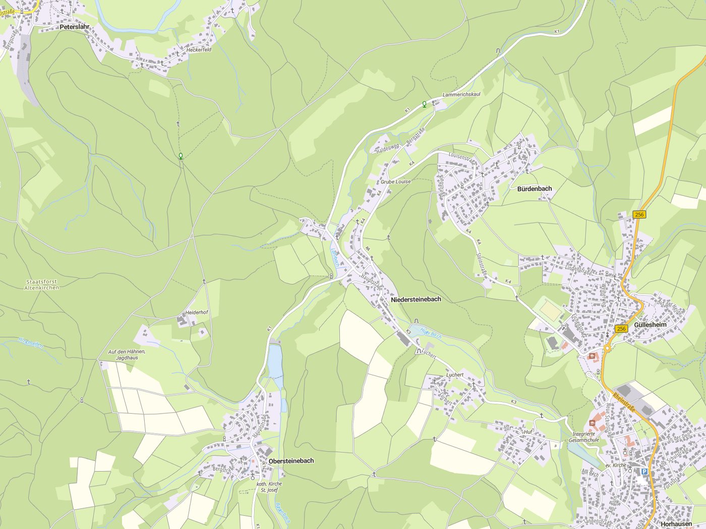 Kartenausschnitt Niedersteinebach mit Gewässern