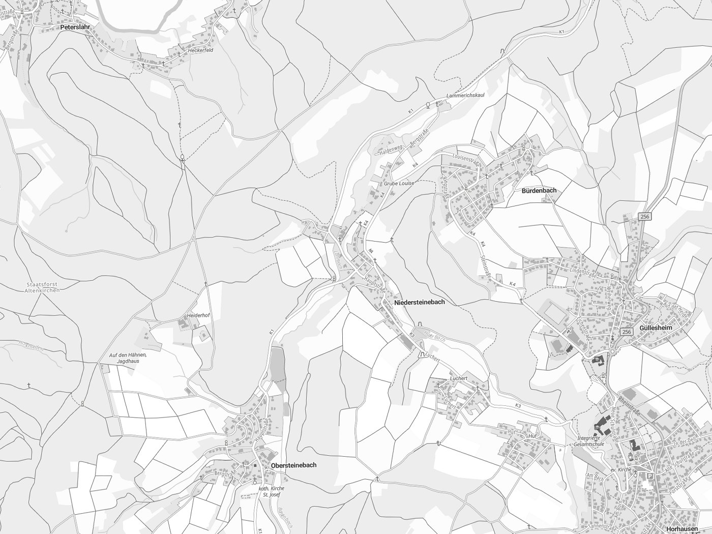 Kartenausschnitt Niedersteinebach mit Gewässern