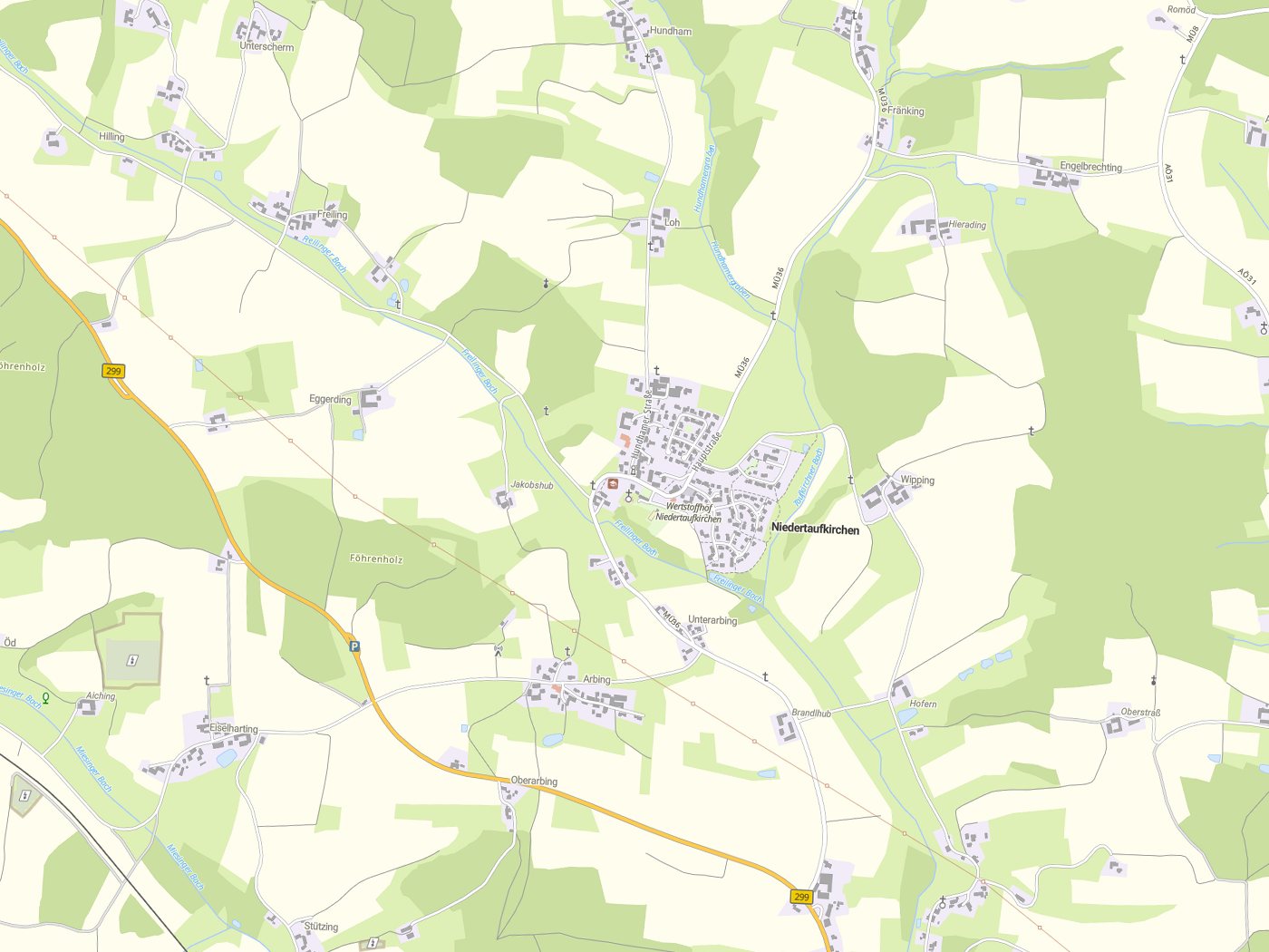 Kartenausschnitt Niedertaufkirchen mit Gewässern