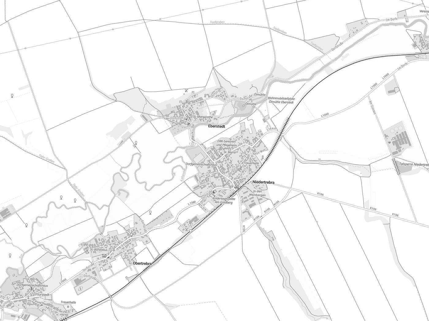 Kartenausschnitt Niedertrebra mit Gewässern