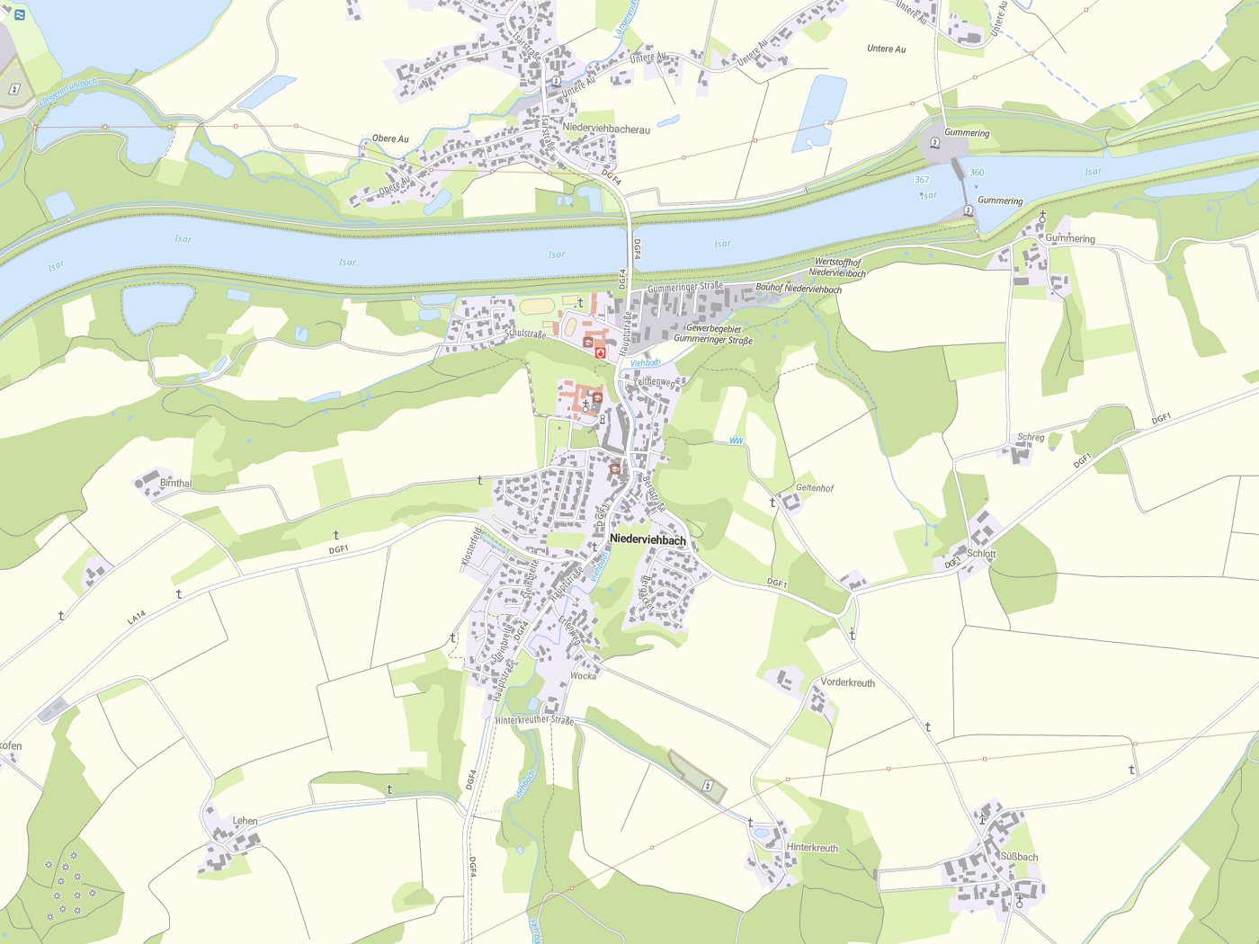 Kartenausschnitt Niederviehbach mit Gewässern