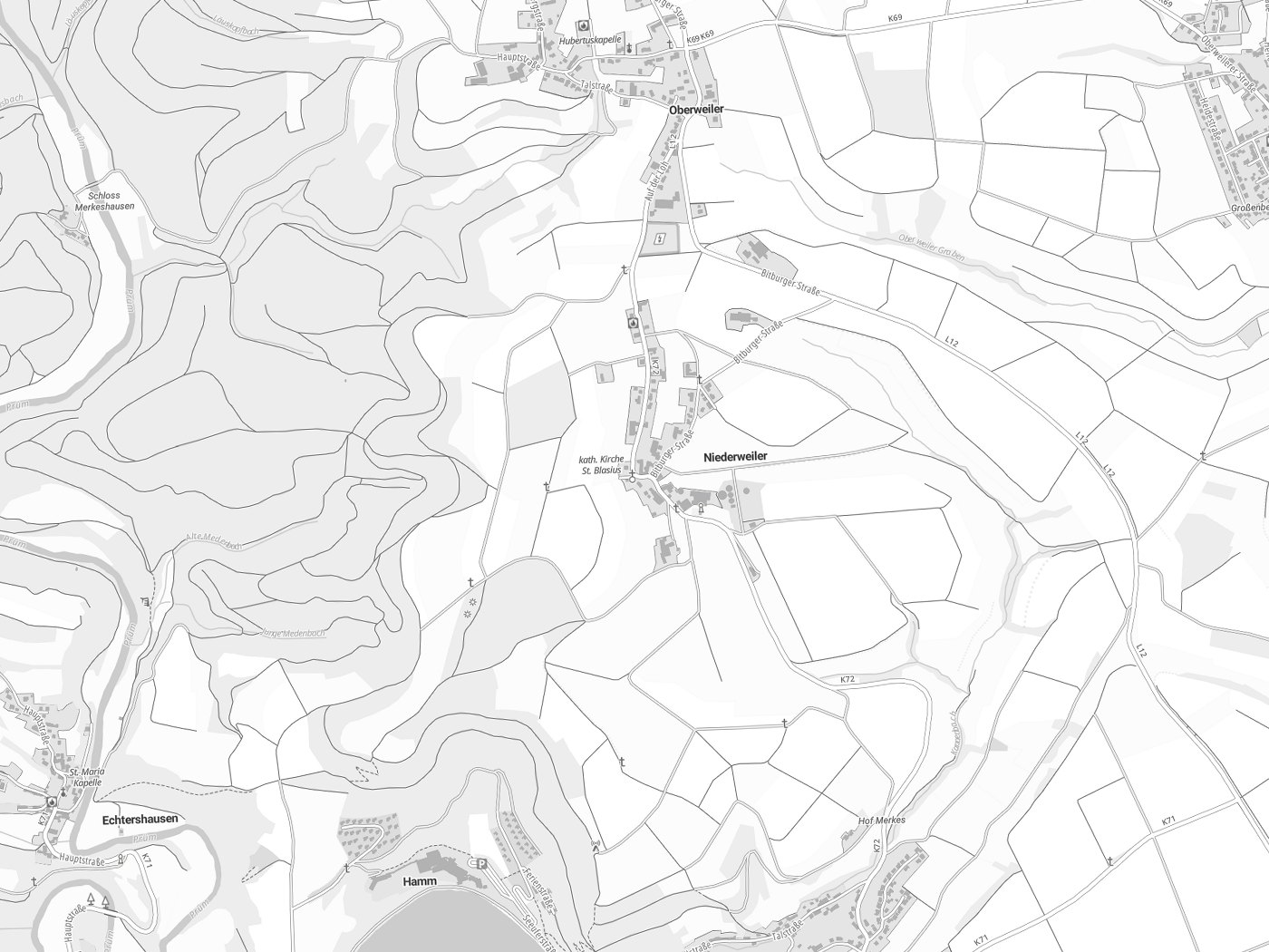 Kartenausschnitt Niederweiler mit Gewässern