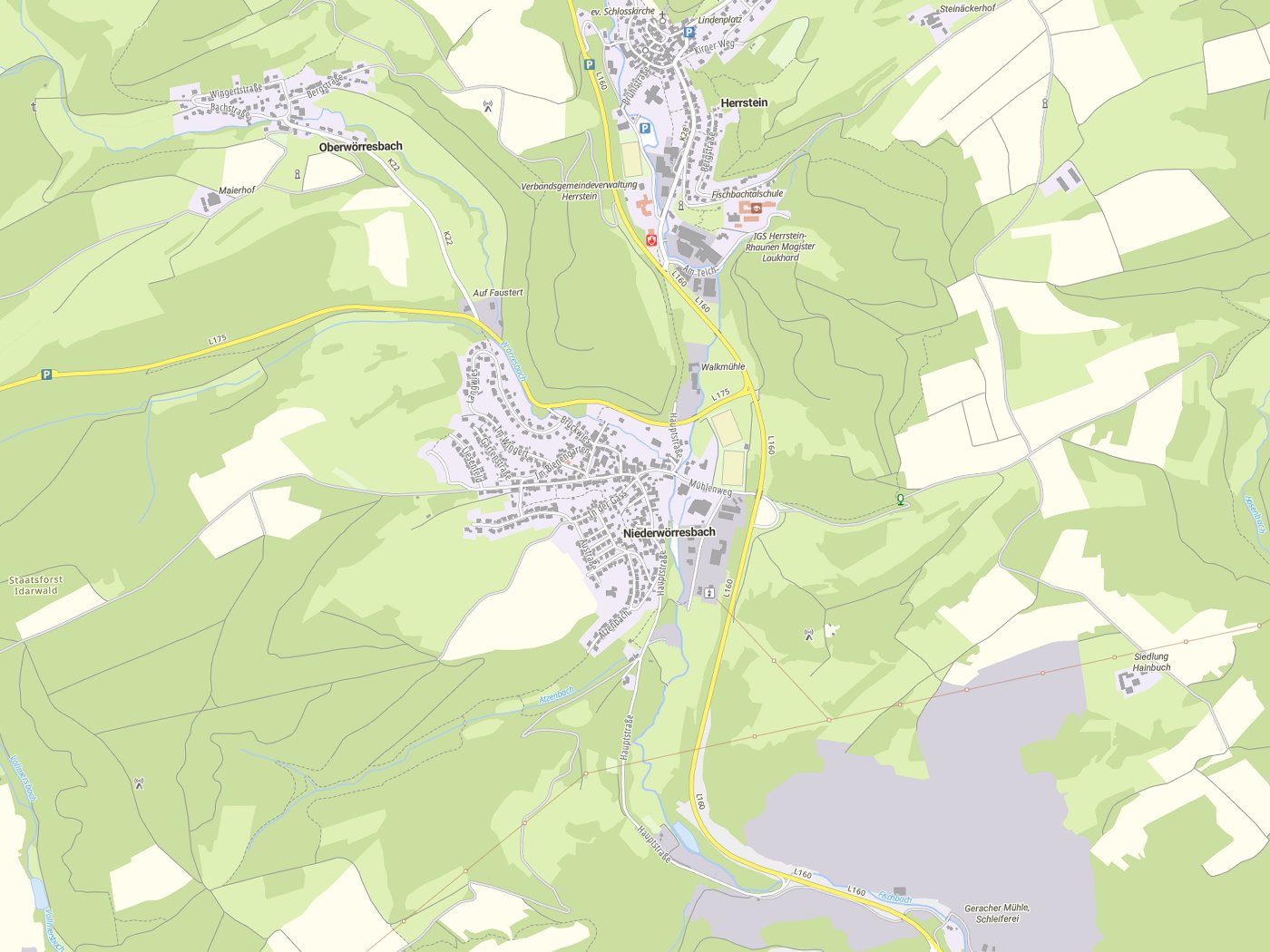 Kartenausschnitt Niederwörresbach mit Gewässern